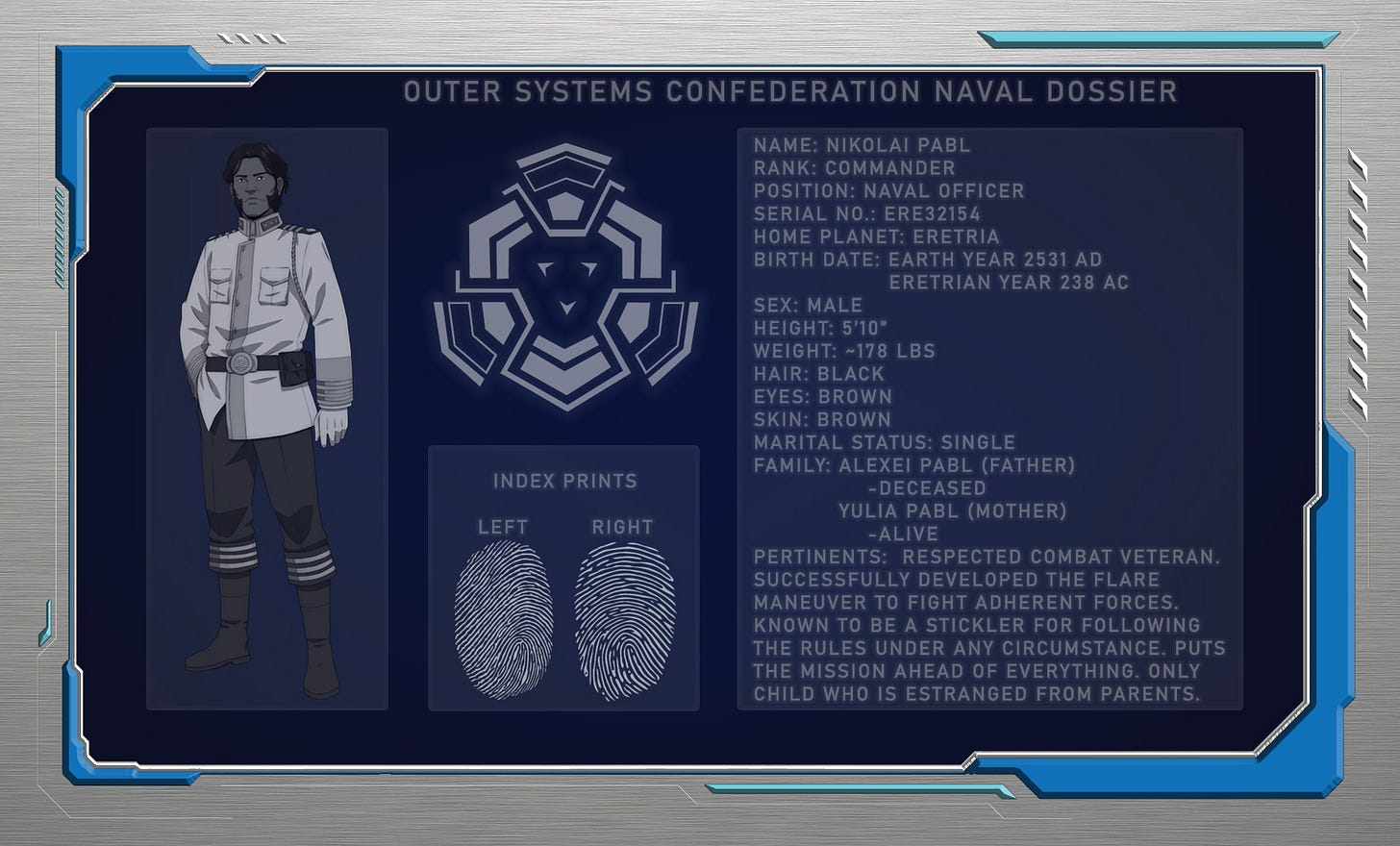 Nikolai Pabl is a dark skinned man, a little under six foot and 18 lbs, with brown eyes and black hair. He's an only child, and estranged from his mother (his father is deceased).