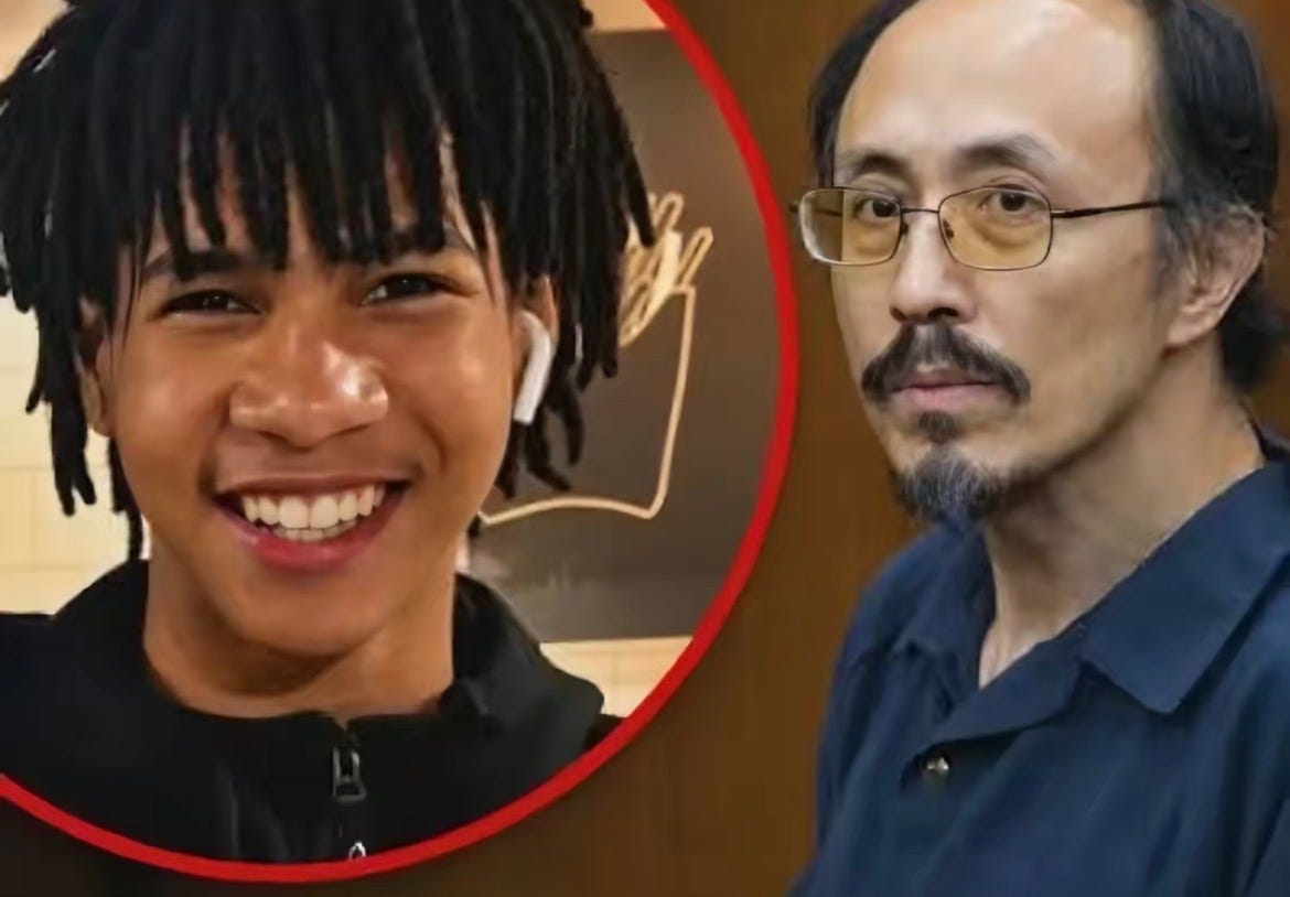 Cyrus Carmack-Belton, a smiling Black teenager, beside Rick Chow, an older Asian man, in a courtroom. Cyrus Carmack-Belton, a smiling Black teenager, beside Rick Chow, an older Asian man, in a courtroom.