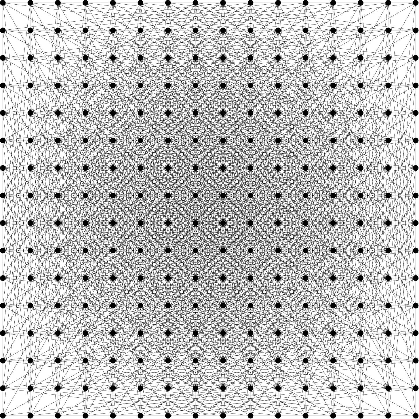 Dense black network graph with interconnected nodes forming a square pattern.