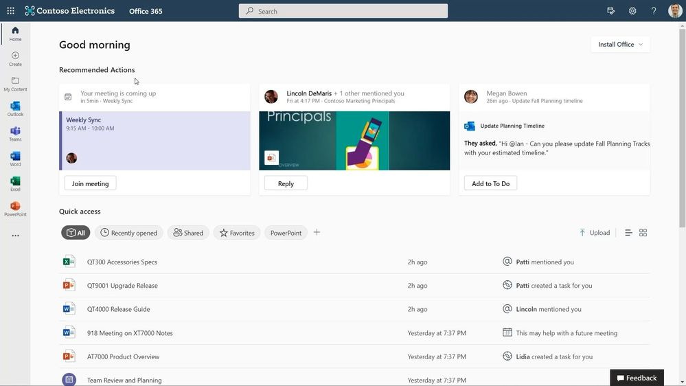 Recommended action at the top of Office.com alert you to important actions – like meeting reminders, comment replies, and To Do task suggestions. Recommended action at the top of Office.com alert you to important actions – like meeting reminders, comment replies, and To Do task suggestions.