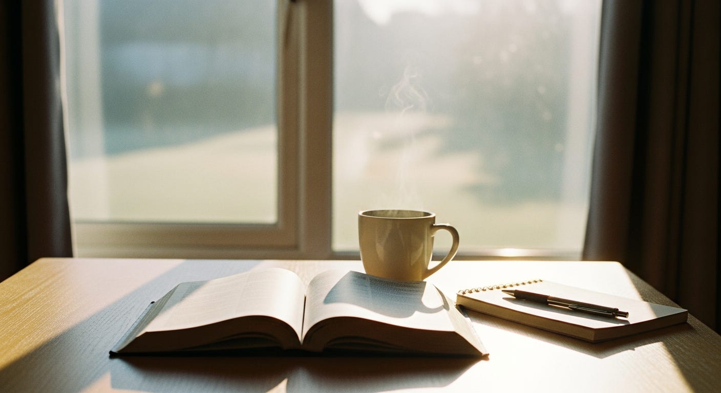 An open Bible resting in fresh morning light on a wooden table with a mug of coffee and a plain notebook beside it, the pages catching the sun, a scene of quiet wonder as Scripture comes alive at the start of a day An open Bible resting in fresh morning light on a wooden table with a mug of coffee and a plain notebook beside it, the pages catching the sun, a scene of quiet wonder as Scripture comes alive at the start of a day
