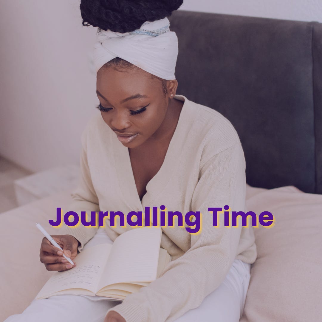 Black woman wearing a white headwrap sitting on a bed with an open notebook and pen. Text reads Journalling Time.