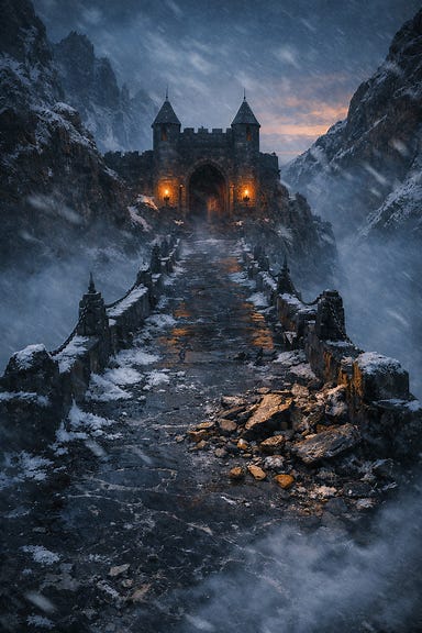 Tsolenka Pass bridge, narrow span of black stone over a mist-filled chasm, snow swirling in the wind, jagged cliffs rising on either side, ancient gatehouse looming behind, dusk light casting cold blue and amber tones, Barovian Gothic atmosphere Tsolenka Pass bridge, narrow span of black stone over a mist-filled chasm, snow swirling in the wind, jagged cliffs rising on either side, ancient gatehouse looming behind, dusk light casting cold blue and amber tones, Barovian Gothic atmosphere