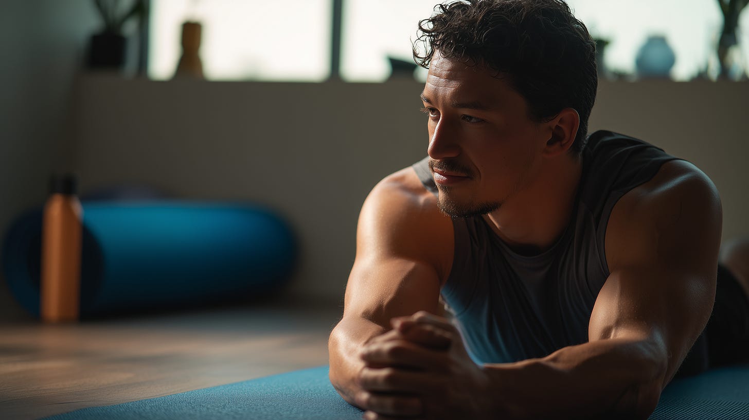 Man stretching in the gym during a workout.