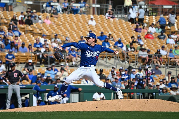 Justin Wrobleski of the Los Angeles Dodgers pitches during the game between the Cleveland Guardians and the Los Angeles Dodgers at Camelback Ranch on...