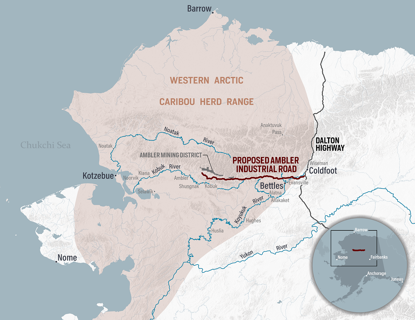 A map of a proposed mining road through Alaska's Brooks Range. 