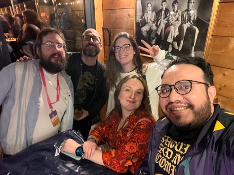 Henry Barajas hanging out with Jazzlyn Stone, Katie West, Kieron Gillen, and Al Ewing
