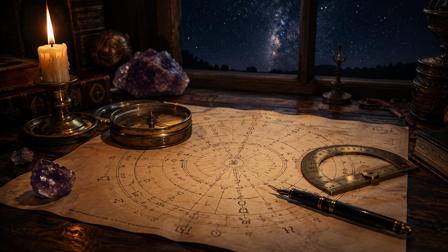 A blank birth chart wheel on parchment beside a compass, a fountain pen and a candle on a dark desk. A blank birth chart wheel on parchment beside a compass, a fountain pen and a candle on a dark desk.