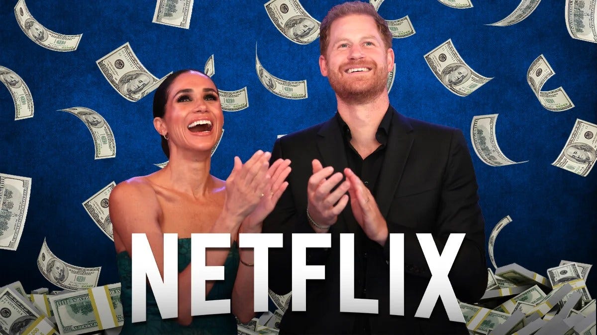 A picture of Prince Harry and Meghan Markle applauding as money rains down on them.