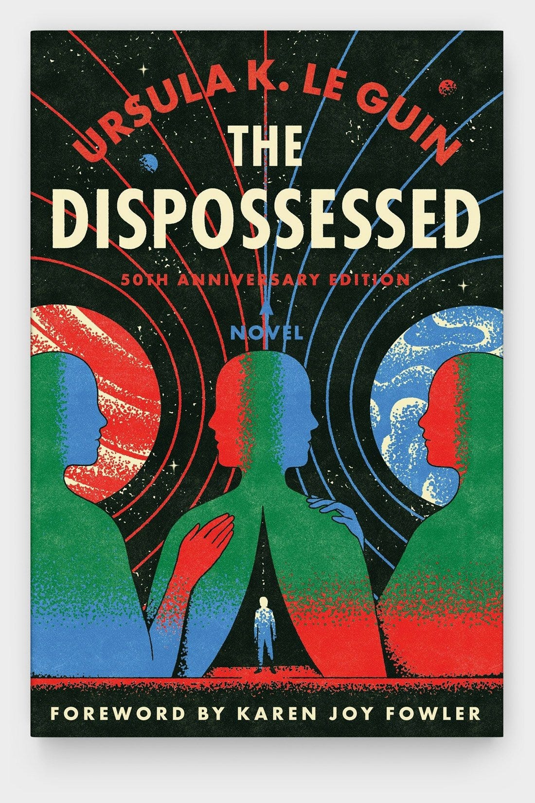 A colourful 50th anniversary edition cover of the Dispossessed