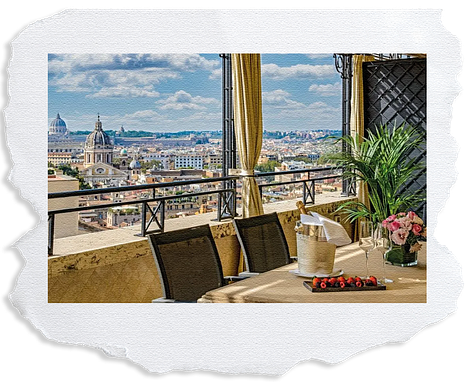 Six images of Italy. Image one a table set looking out onto the city. A cat peeping over some rocks, a highway that overlooks blue ocean, a shot of the coast with house built up on hits overlooking ocean, an old bright red fiat and lemon tree that looks over the beach.