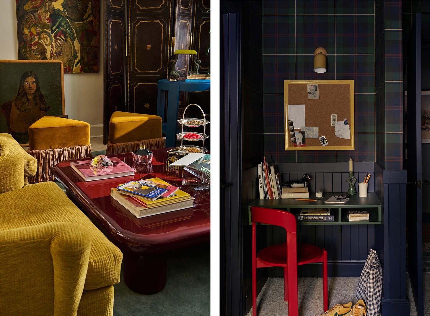 Left: A red lacqueur coffee table surrounded by ochre armchairs and ottomans; A plaid wallpapered desk nook with floating worktop and red chair