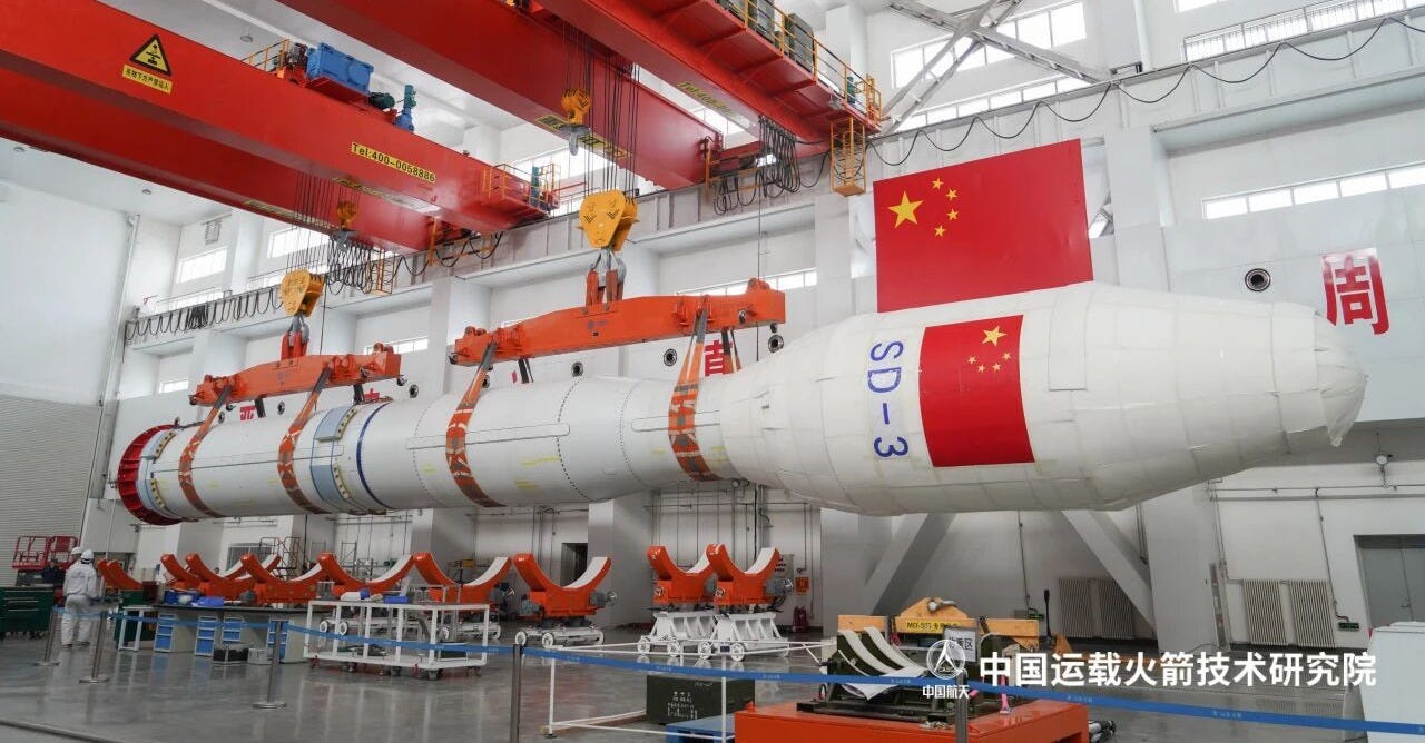 April 11th’s Jielong-3 launch vehicle during pre-launch processing inside an integration facility at the Haiyang Oriental Spaceport.