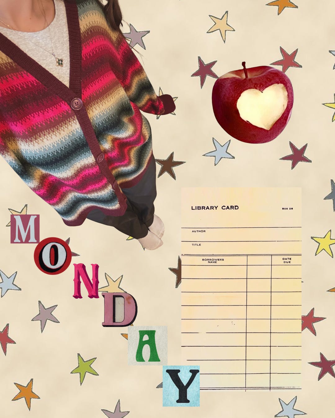 Collage showing a library card, text that says Monday, colorful stars, and a colorful sweater.