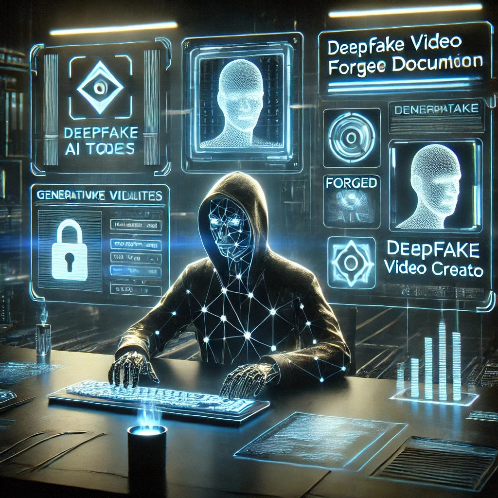 A high-resolution conceptual image of a futuristic cybercriminal using generative AI tools to create fake identities. The scene includes a holographic interface displaying deepfake video creation, synthetic voices, and forged documents, set in a dimly lit high-tech environment. The atmosphere is sleek and ominous, with glowing neon elements highlighting the AI tools.