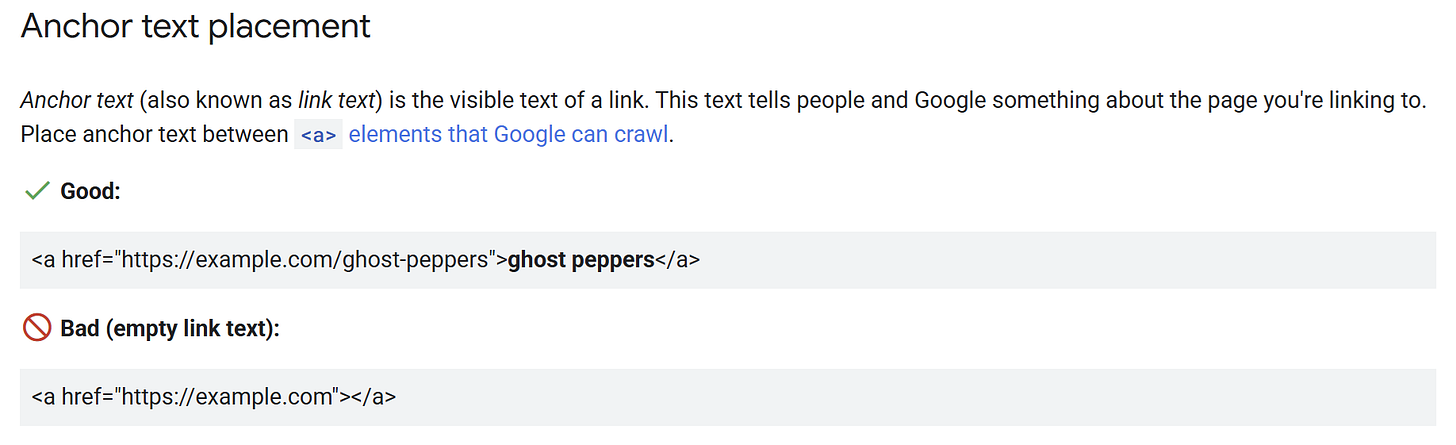 Screenshot from Google Search Central showing correct and incorrect anchor text usage, with “ghost peppers” as an example of descriptive link text.