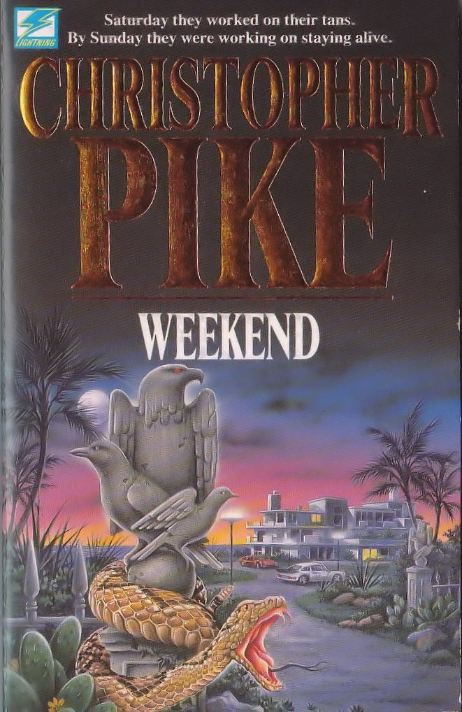 UK cover to Christopher Pike's 'Weekend', illustration of a rattlesnake wrapped around a symbolic statue