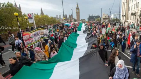 EPA People carry a large Palestinian flag during a protest in London EPA People carry a large Palestinian flag during a protest in London