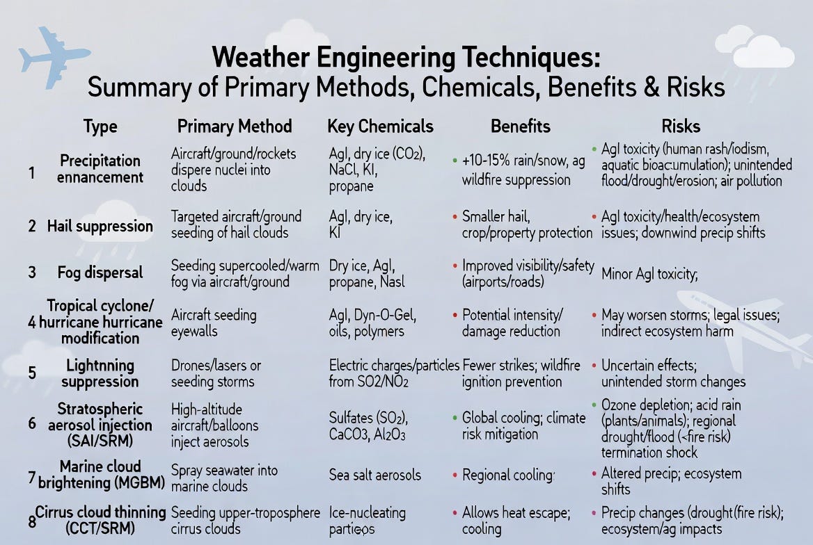 Image Credit Grok: Weather Engineering Techniques: Summary of Primary Methods, Chemicals, Benefits & Risks Image Credit Grok: Weather Engineering Techniques: Summary of Primary Methods, Chemicals, Benefits & Risks