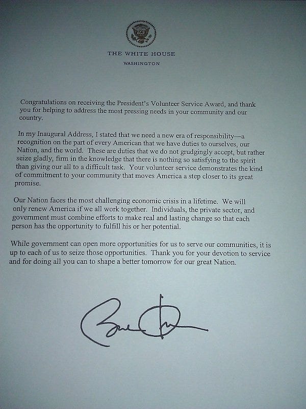 letter from Barack Obama presidents volunteer service award letter from Barack Obama presidents volunteer service award