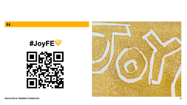 A lino print of the word Joy accompanies a QR code leading to www.linktr.ee/joyfe