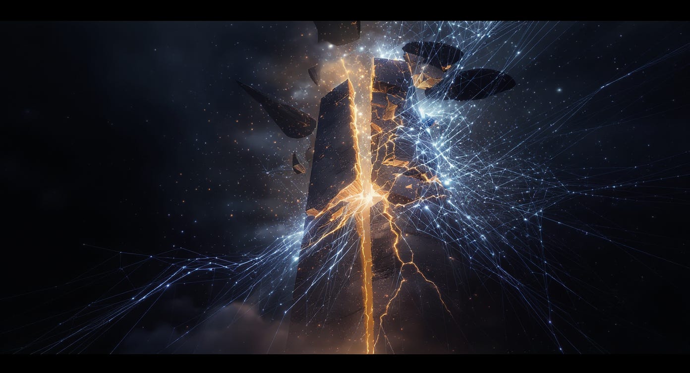 Visual metaphor depicting centralized power structure fracturing while distributed network systems offer alternative organizational model Visual metaphor depicting centralized power structure fracturing while distributed network systems offer alternative organizational model
