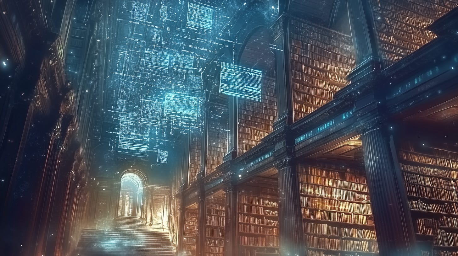 Uma biblioteca mágica, com documentos virtuais e físicos. Uma biblioteca mágica, com documentos virtuais e físicos.