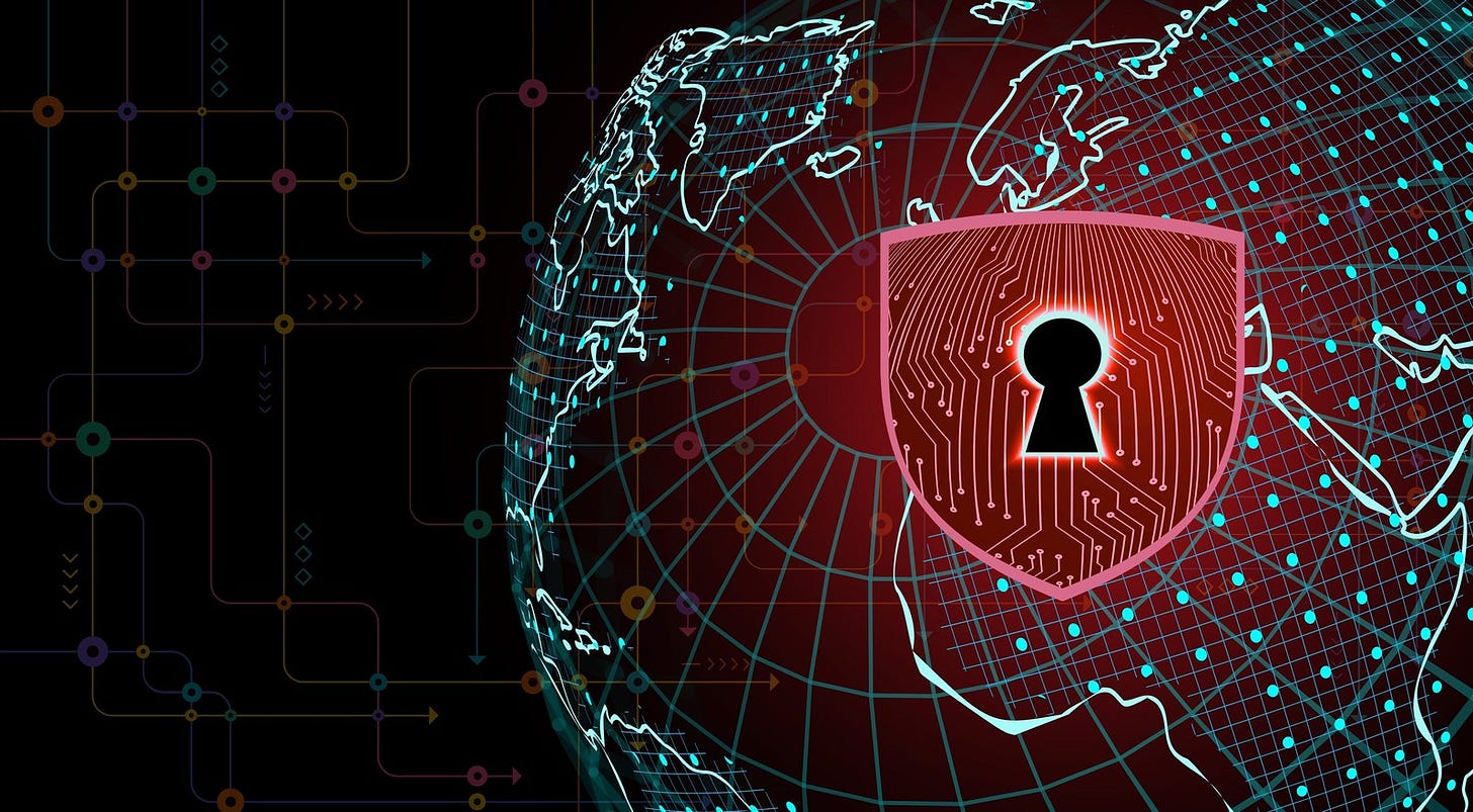 Circuitry, shield, and keyhole superimposed on a wireframe globe Circuitry, shield, and keyhole superimposed on a wireframe globe