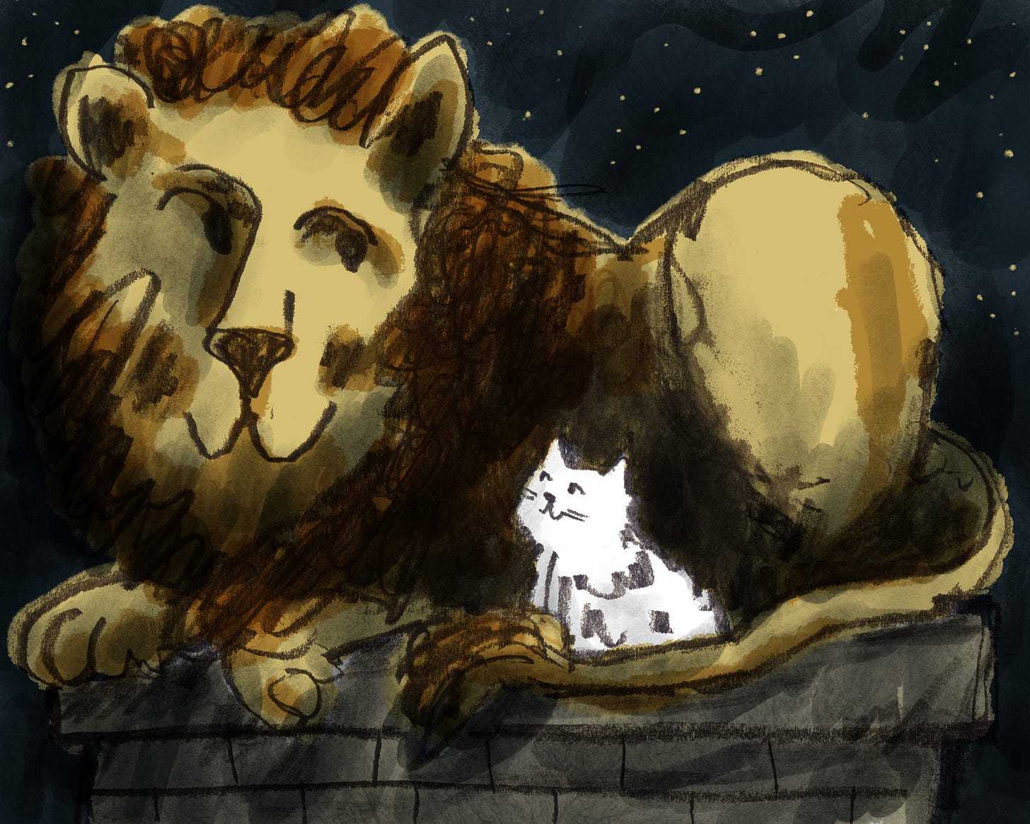 Lion statue and cat