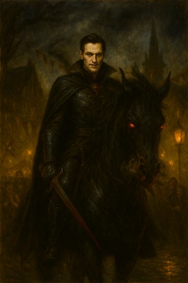 A gothic fantasy depiction of Strahd von Zarovich, visually inspired by Bill Skarsgaard, sitting astride his nightmare steed Bucephalus in the square of Vallaki during St. Andral’s Feast. Strahd wears dark, regal armor slick with rain and shadow, his pale face calm and unreadable, eyes glowing faintly with crimson light. Bucephalus is a towering, night-black horse with steam snorting from its nostrils and hooves that shimmer with spectral fire. Around them, the square is rain-slicked and chaotic—festival banners torn, lanterns flickering, villagers scattering in fear. St. Andral’s Church glows faintly in the background, its holy aura casting soft light that does not reach Strahd. The atmosphere is eerie, theatrical, and steeped in dread, capturing Strahd’s stillness as he watches the chaos unfold.