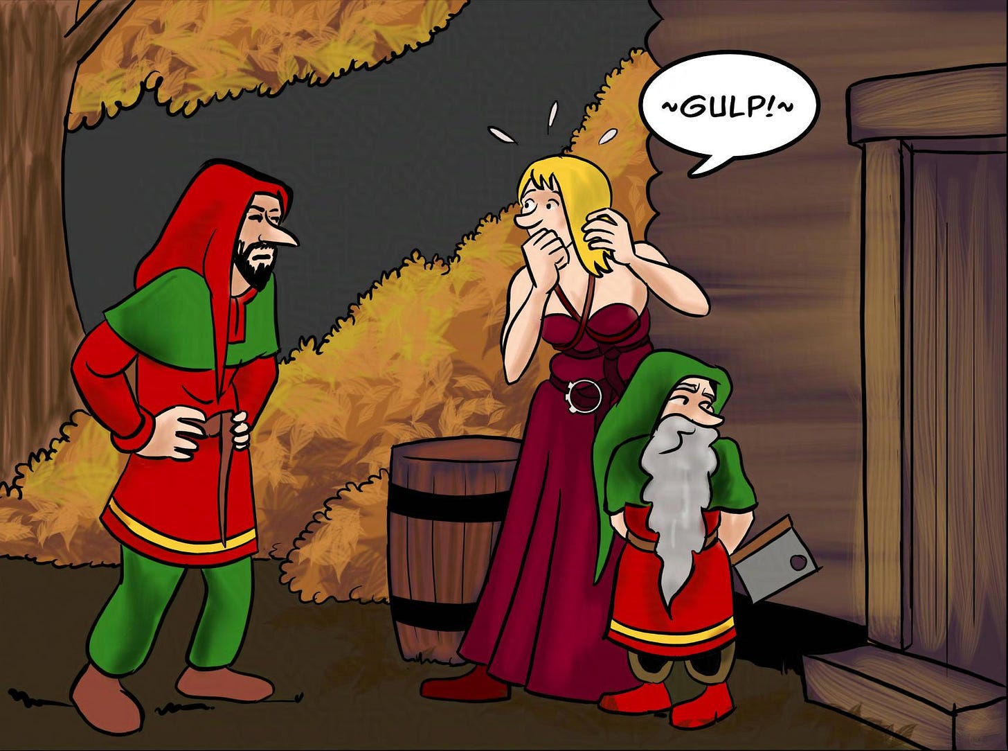 Panel 7. Jodoque glares at Ragnarok and Jake. Ragnarok: *Gulp*