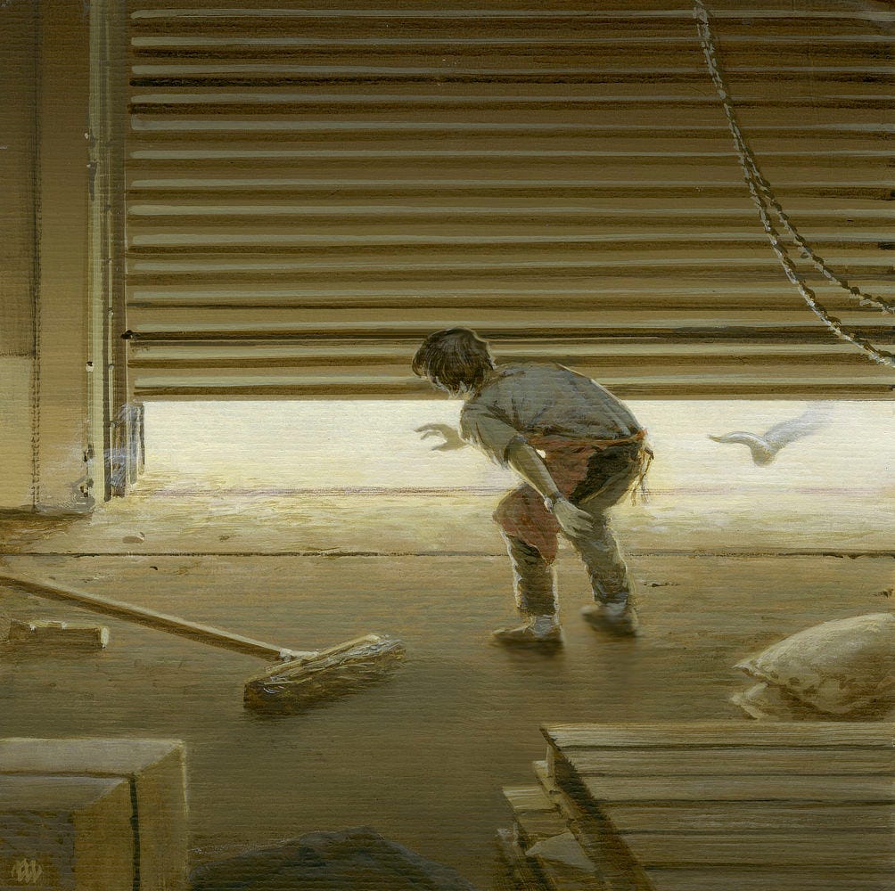 Bent over to peer beneath the bay door in the grocery stockroom, Norm the bag boy recoils in terror as a tentacle slides out of the mist toward him. His broom lays discarded on the floor. A box and a stack of pallets crowd the foreground. Bent over to peer beneath the bay door in the grocery stockroom, Norm the bag boy recoils in terror as a tentacle slides out of the mist toward him. His broom lays discarded on the floor. A box and a stack of pallets crowd the foreground.
