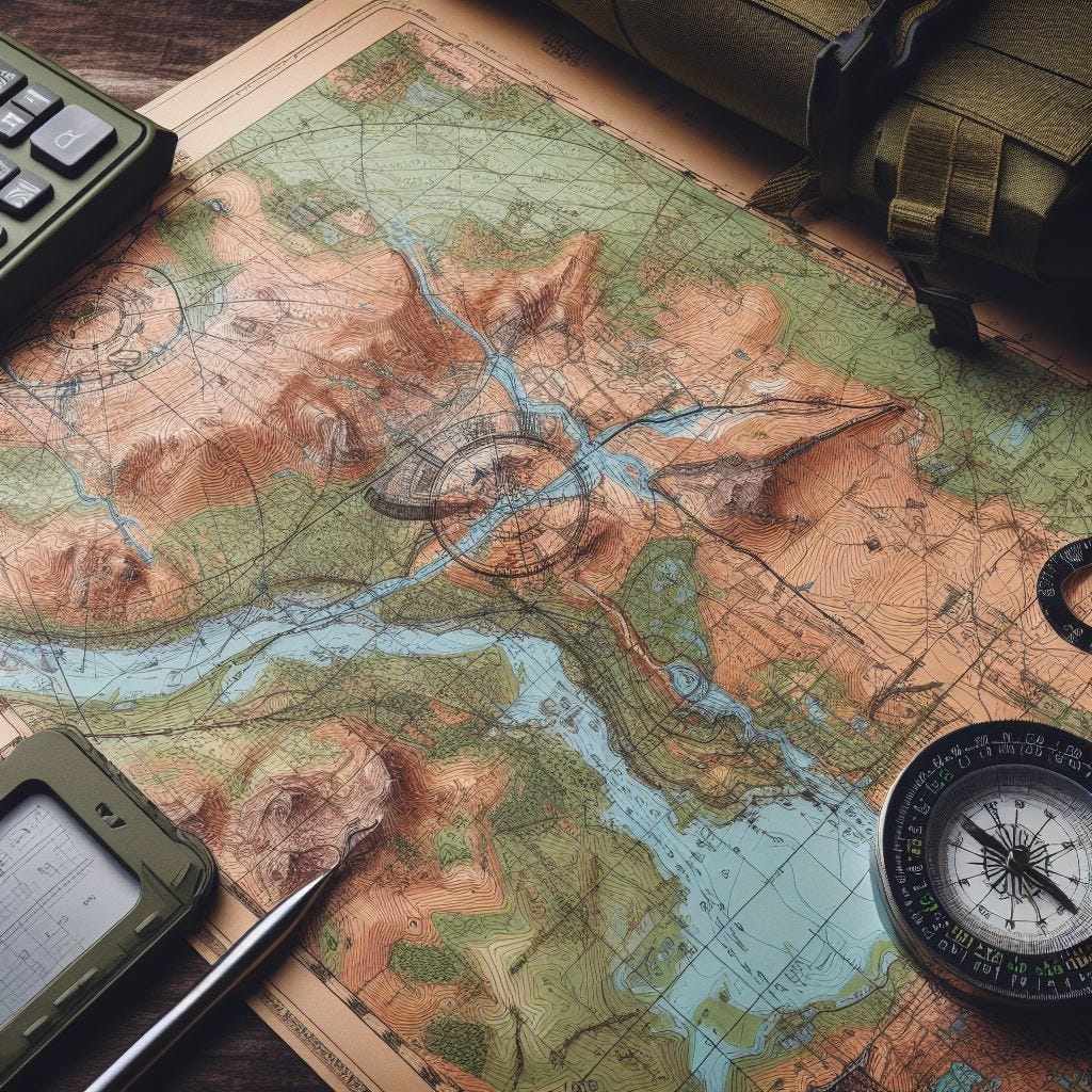 a tactical topographic map with a PDA and compass laying on top of it