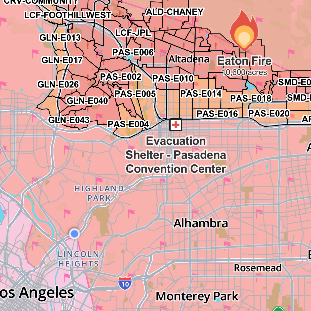 Screenshot of the Watch Duty app showing the extent of the Eaton fire.