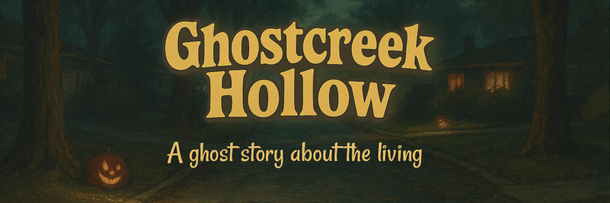 Ghostcreek Hollow title banner — misty autumn street lit by jack-o’-lanterns and golden lettering.