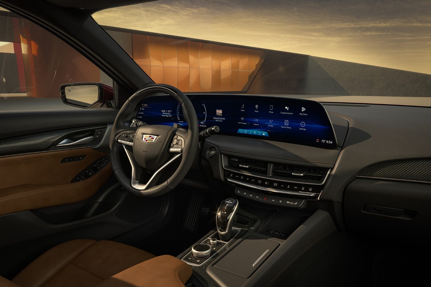 View of the 2025 Cadillac CT5 interior and dashboard showing the new 33-inch display. View of the 2025 Cadillac CT5 interior and dashboard showing the new 33-inch display.