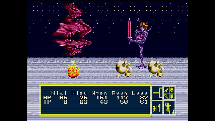 Images showing the difference between the two primary enemy design types: abstract monsters that are difficult to describe are found on the left, as each sort of resembles knowable things, but not entirely, like the living flame, or the melting, cross-dimensional soul, or the... tree? With a person's face and a sword that also has a head of hair and an orb at its center. On the right: busty bird woman with talon feet wearing a short dress, lady ninjas wearing skin-colored tights that make them appear nuder than they are, which is already relatively nude.