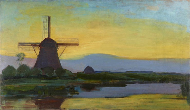 'Oostzijdse molen bij avond' - olieverf op doek: Piet Mondriaan (herkomst: coll. Kunstmuseum, Den Haag) 'Oostzijdse molen bij avond' - olieverf op doek: Piet Mondriaan (herkomst: coll. Kunstmuseum, Den Haag)