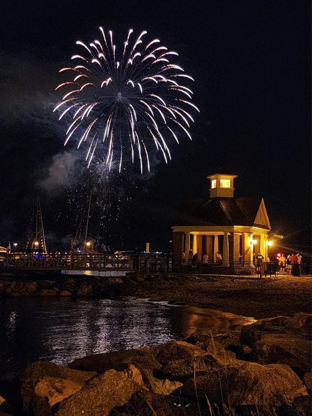 pictures of fireworks over Yorktown waterfront and CW fife and drum corps marching