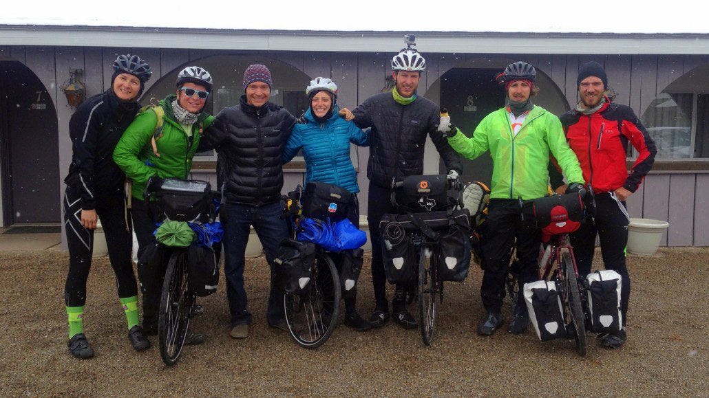 New friends! Snow on the motel roof and flurries signal the start of Keys to Freeze heading from Dove Creek, CO to Moab, UT.