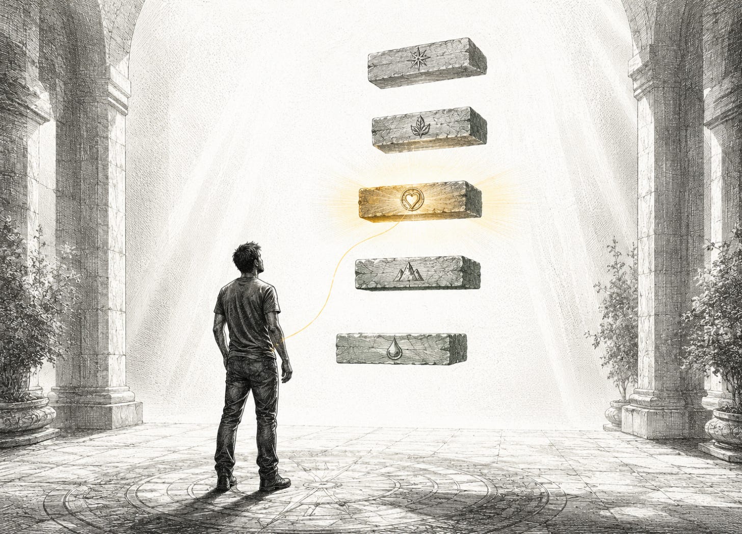 A man stands before five symbolic stone rungs, with one glowing rung chosen for entering deeper work.