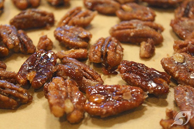 Pecans and walnuts spread out on parchment paper to cool and dry.