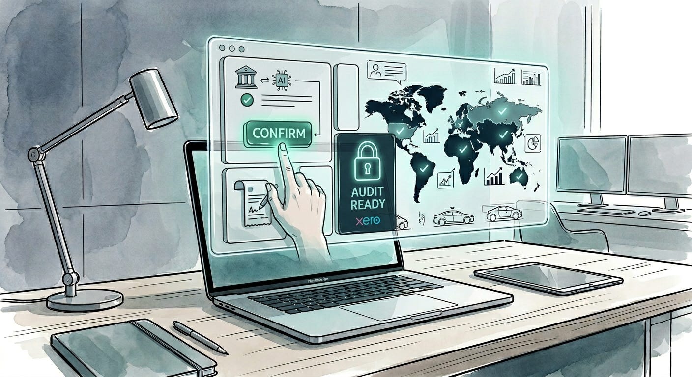 A professional mixed-media illustration of a quiet luxury workspace. A translucent holographic screen floats above a laptop, showing a hand interacting with a digital "Confirm" button. The interface displays an "Audit Ready" badge with a secure lock icon and a checklist next to a global map, representing the transition from AI-generated suggestions to verified, human-approved accounting records.