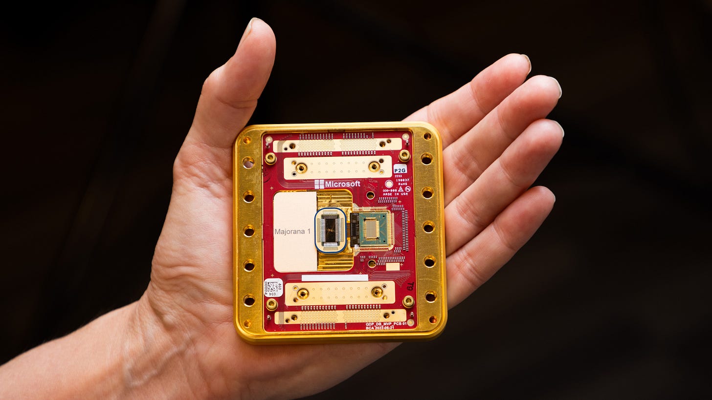 A view of Microsoft&#039;s new quantum chip in the palm of a hand.