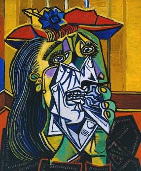 Picasso's The Weeping Woman, a fragmented portrait of a woman crying into a handkerchief Picasso's The Weeping Woman, a fragmented portrait of a woman crying into a handkerchief