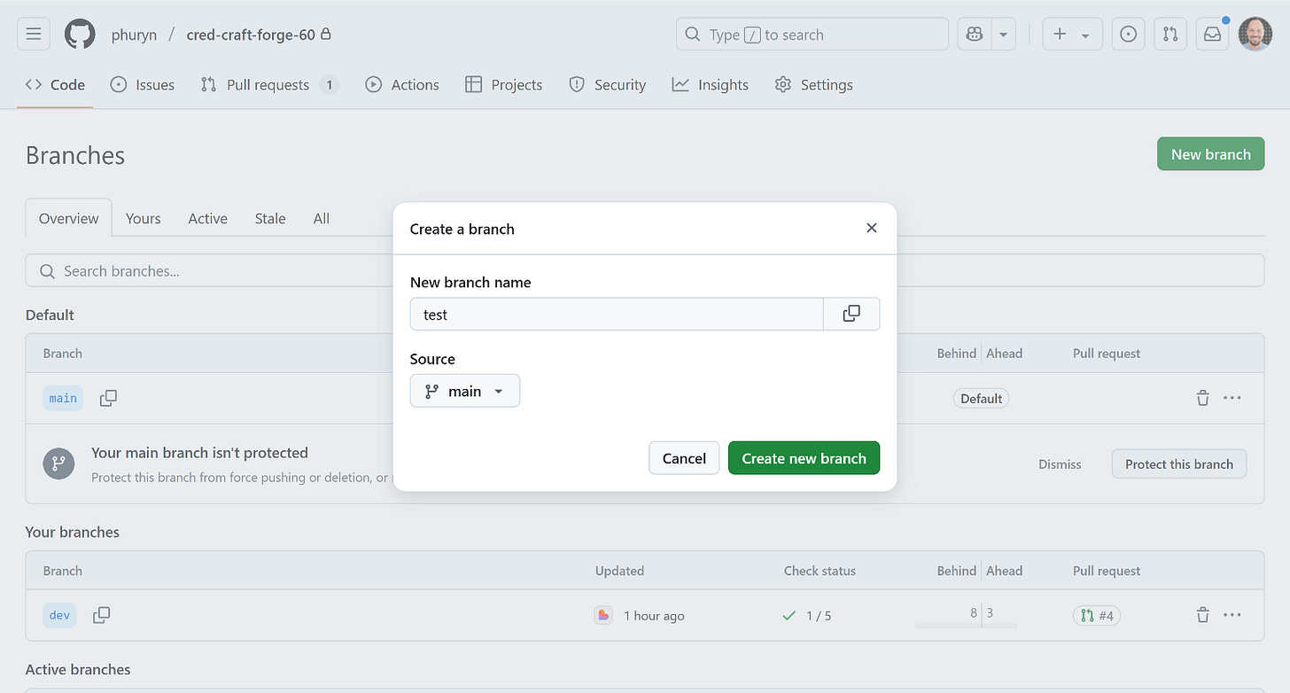Lovable: Create a new GitHub branch from ‘main’ e.g., ‘test’