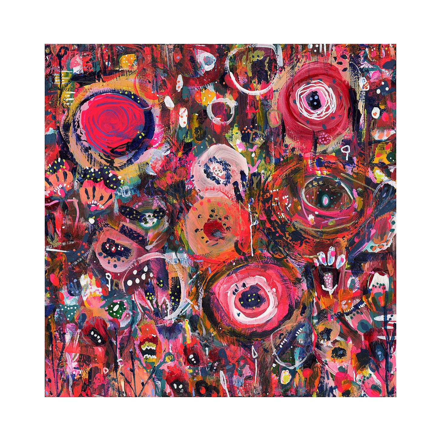 An expressive abstract painting with bold sweeps of pink, coral, gold, and deep green. Circular floral-like shapes overlap with energetic brushstrokes, creating a sense of passion, vibrancy, and untamed bloom. An expressive abstract painting with bold sweeps of pink, coral, gold, and deep green. Circular floral-like shapes overlap with energetic brushstrokes, creating a sense of passion, vibrancy, and untamed bloom.
