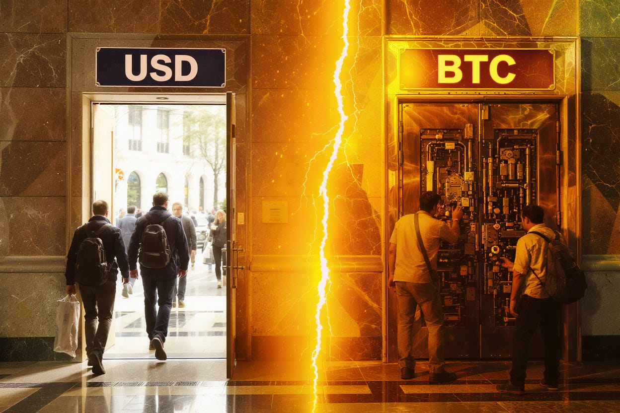 Visual metaphor comparing the ease of traditional payments versus Bitcoin complexity