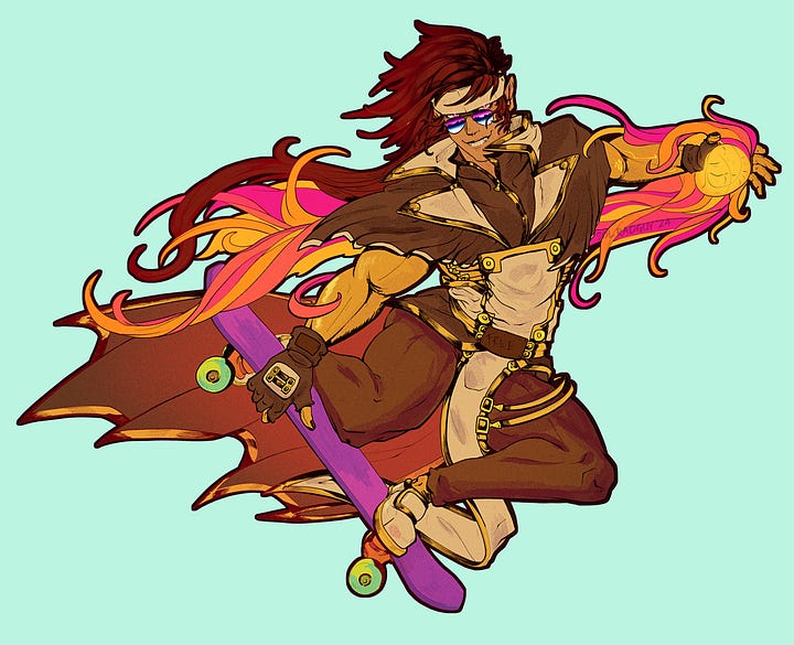 Order Sol doing a cool jumping trick with a skateboard while holding a fireball in his left hand. He's grinning and wearing mirrored aviators. One image is of his usual white and red palette while the other is his tan, gold, and brown Reload S palette.
