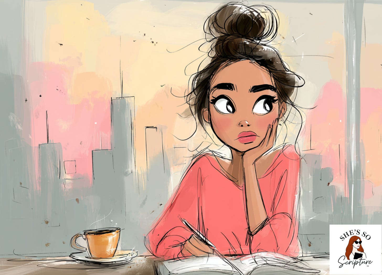 A woman sitting at a desk with an open Bible holding a pen, with a cityscape in the background